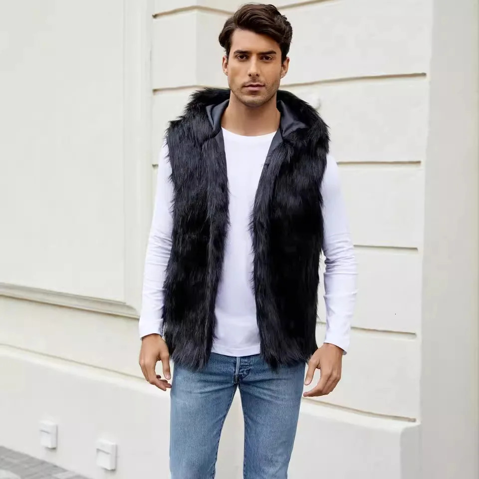 Men Hooded Vest V Neck Faux Fur Jackets Sleeveless Elegant Splice Vests Cardigan Hoodies Casual High Street Autumn Winter 251020