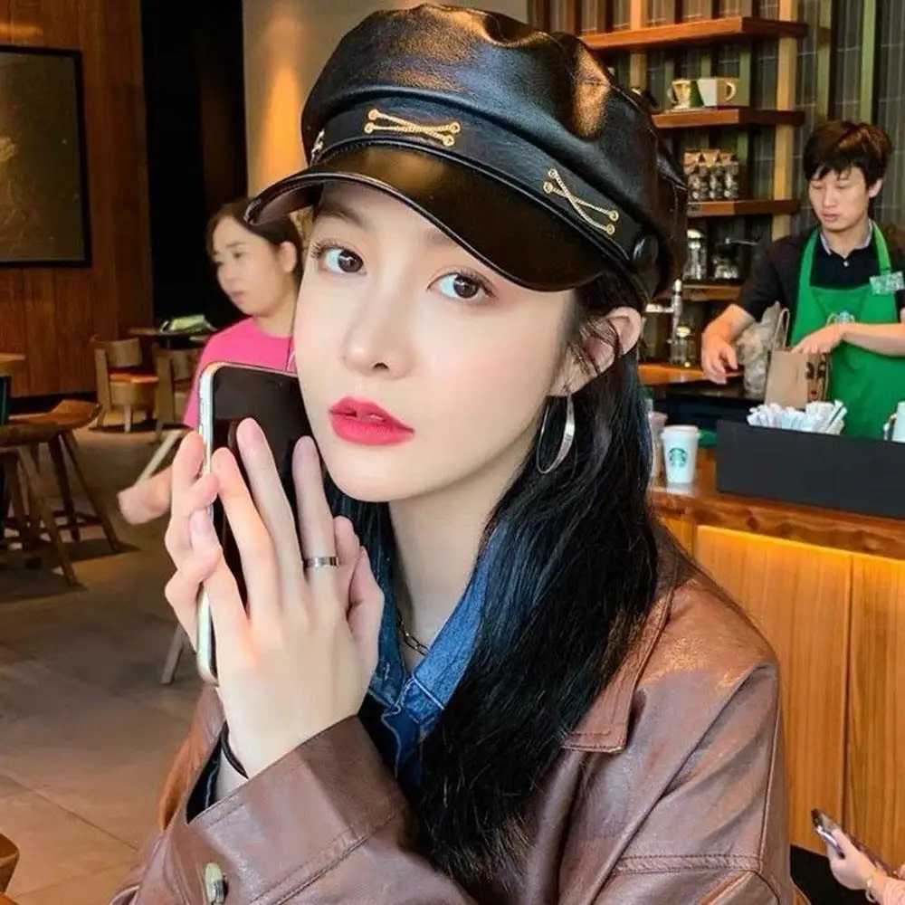 Fashion Wen Berets Black Pu Leather Flat Top Newsboy Cs Vintage Sunscreen Flat Y2k Gils Punk Style Beret Cs Y251025