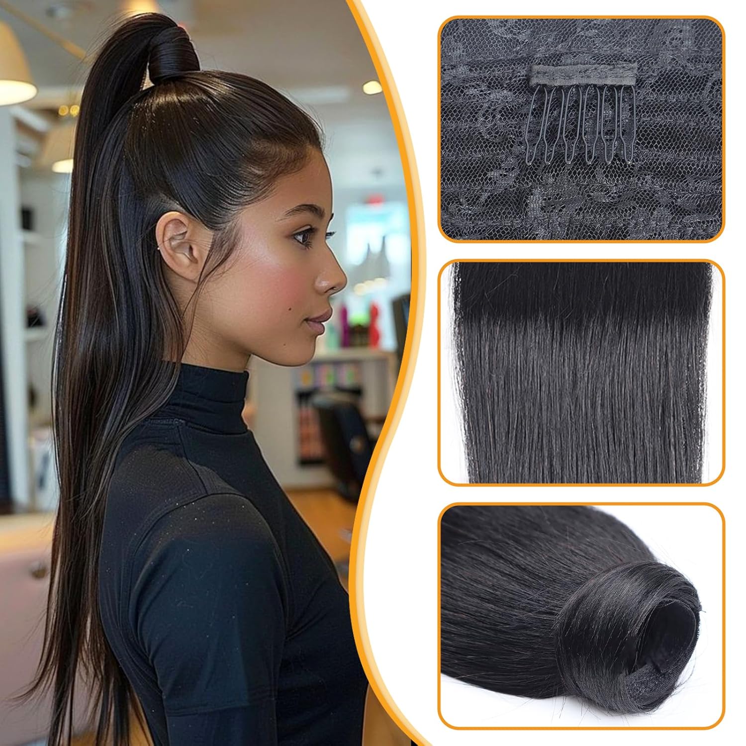 Ponytail Human Hair Natural Black 100% Remy Hair Ponytail Long Straight Wrap Around Ponytail Clip in Hair One Piece Hairpiece for Women