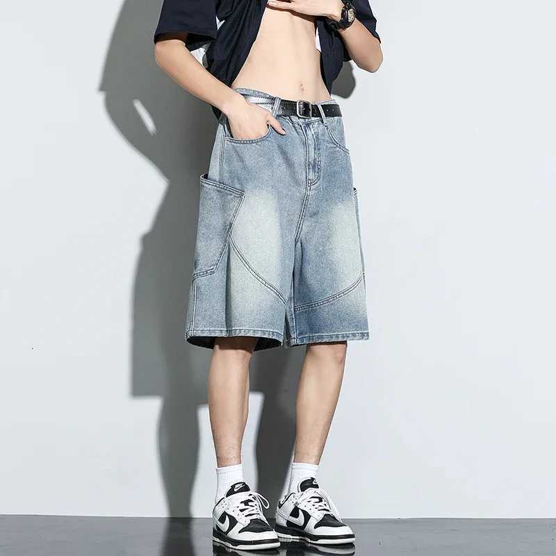 2025 Summer New Baggy Denim Shorts Fashion Casual Straight Harajuku Jeans Male Vintage Wash Drawstring Short Pants StreetwearXJ251025