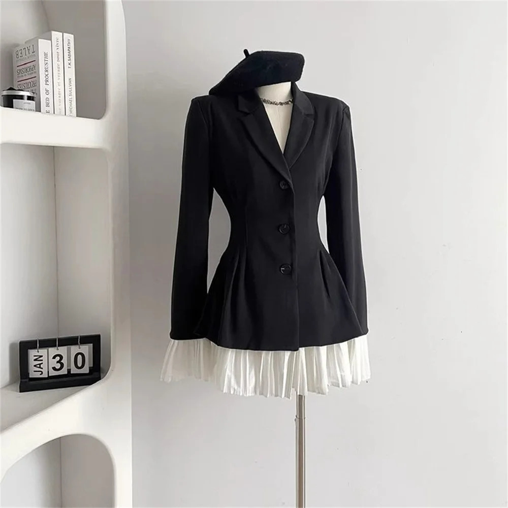 Black White Patchwork Blazer Pleated Spliced Dresses For Women Clothing Spring Autumn Fashion Blazer Coat Aline Dress 251024