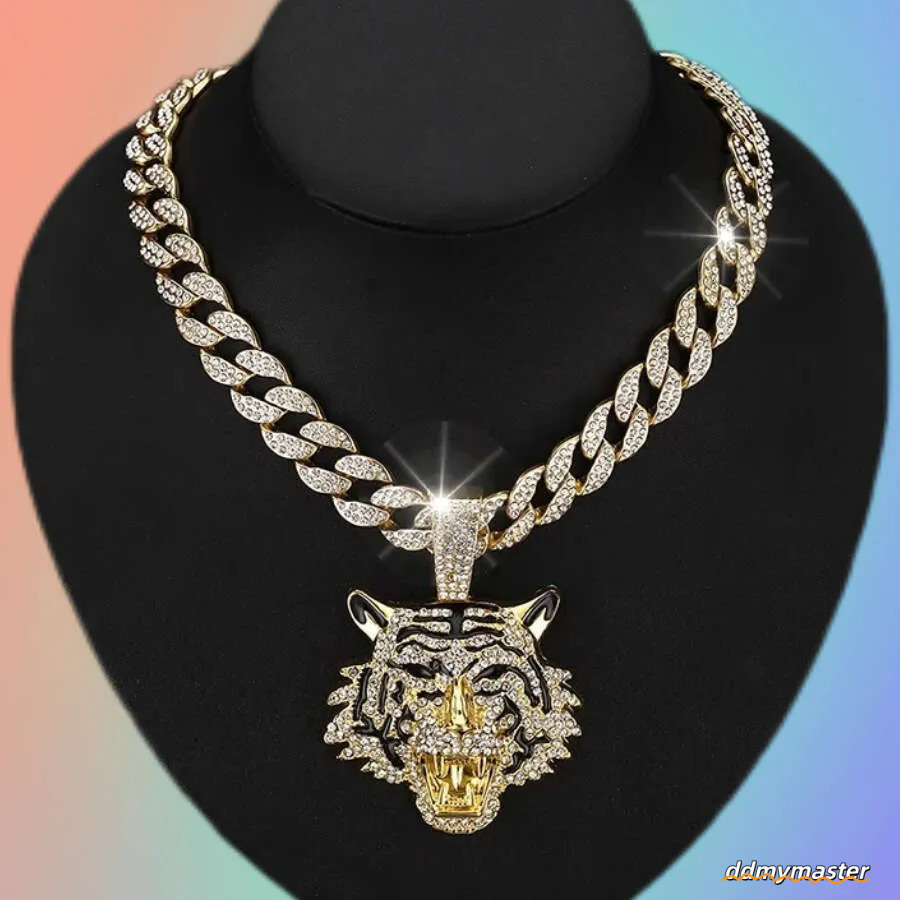 Men's Hip-Hop Tiger Pendant Necklace: Alloy Cuban Chain With 3D Full Dia Style Ddmymaster