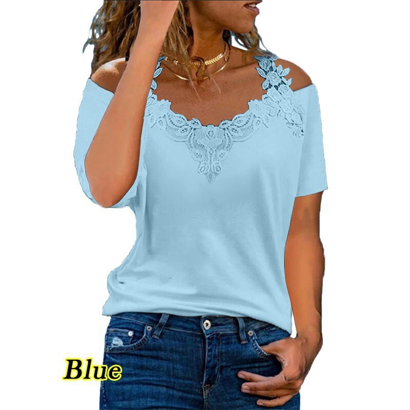 Hot-selling V-neck Patchwork Short Sleeve Lace Casual Loose T-shirt for Women