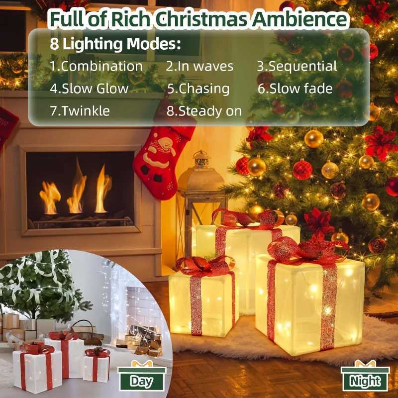 3pcs Christmas Thanksgiving Autumn Holiday Lighting Display LED Luminous Christmas Gift Box Fittings3AA No Builtin Battery C251024