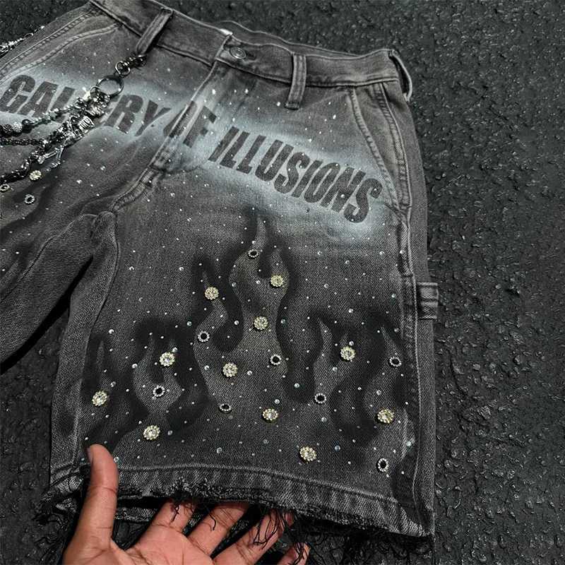 Y2K Fashion Distressed Jeans Retro Rhinestone Flame Pattern Printing Casual Washed Denim Shorts Men Women High Waist StreetwearXJ251025