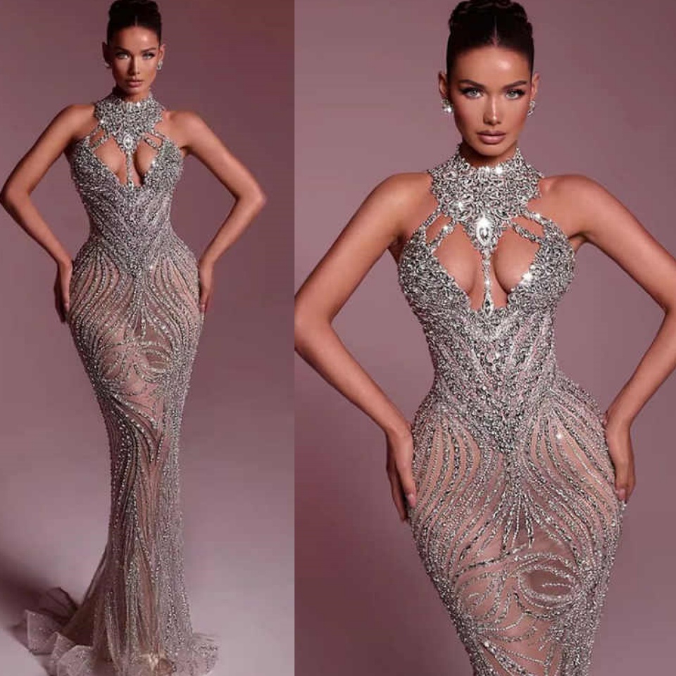 Sexy See Through Mesh Long Prom Dress Shiny Sequins Pearl Bodice Patchwork Sheer Mesh Beaded Celebrity Evening Party Gowns