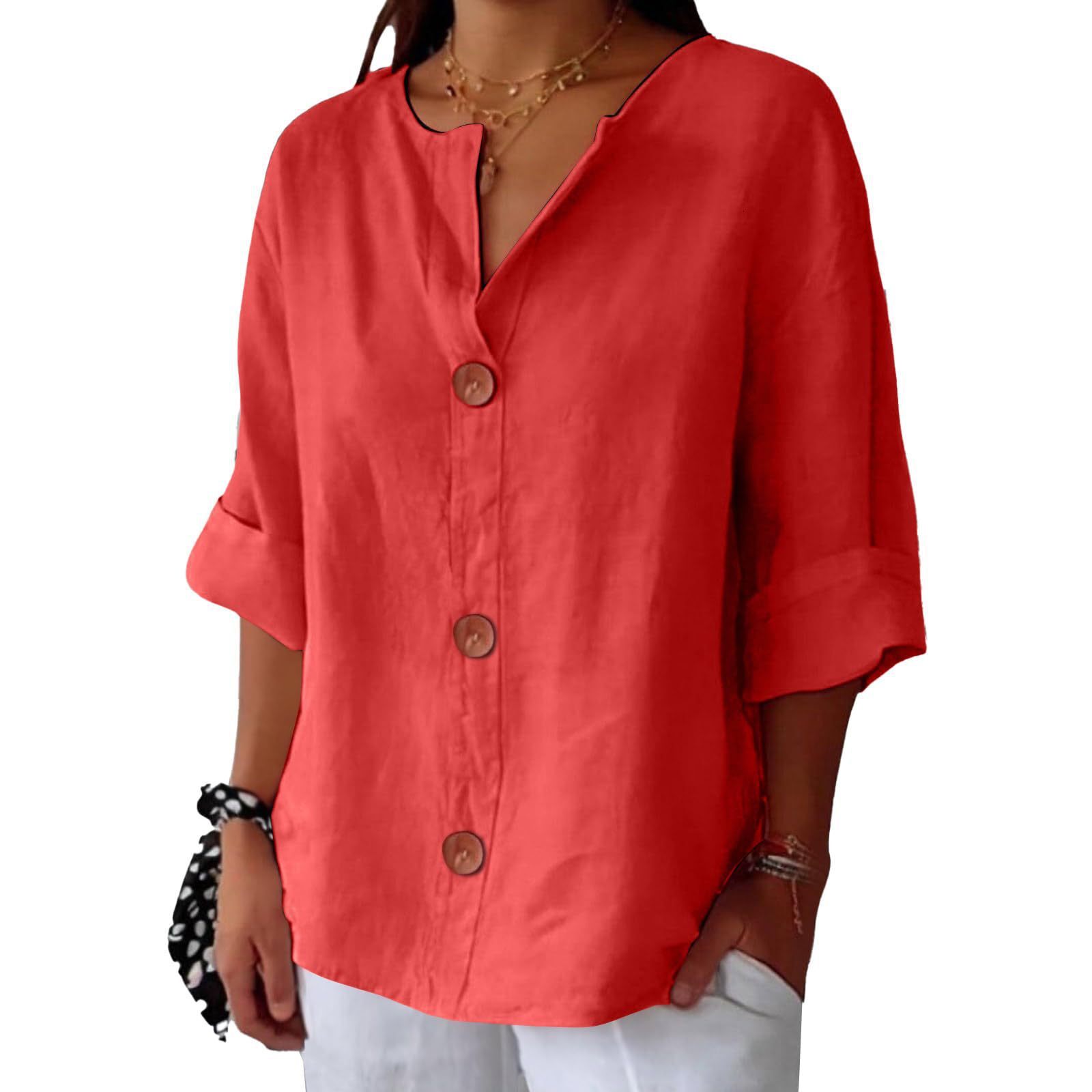 2025 Spring/Summer New Loose T-Shirt Women's V-Neck Cotton Linen Button Top