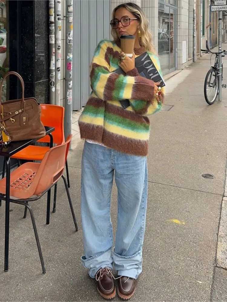 Striped Winter Clothes Woman Pulls Femmes Allmatch Loose Simple Style Sweater Comfortable Knitted Contrast Color Loose CasualT251025