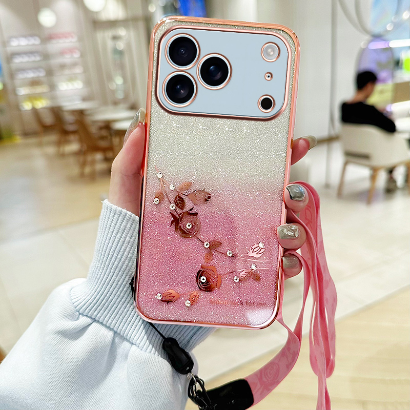 Luxury Gradient Glitter Diamond Flower Crossybody Strap Plating TPU Case For iPhone 17 Air 16e 16 15 14 13 12 11 Pro Max Samsung S25 Edge S24 FE S23 U