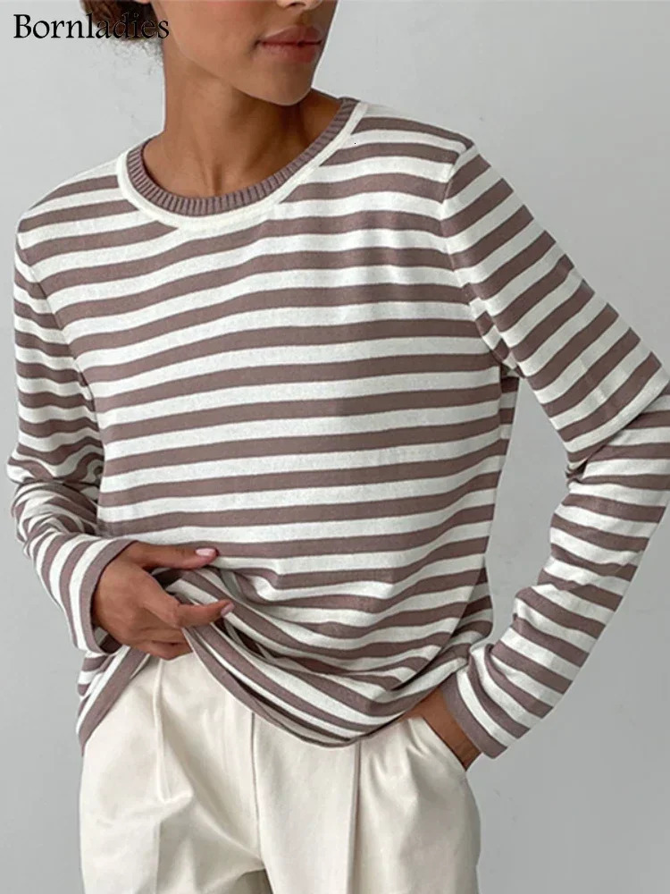 Bornladies Knitted Stripe Sweater Women 2025 Autumn Winter Loose Casual Thick Pullovers Female Warm Longsleeved Round Neck Tops 251023