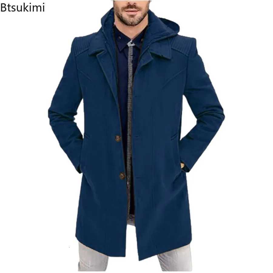 New 2025 Mens Autumn Winter Warm Woolen Jackets Fake Two Pieces Hooded Trench Coats Single Breasted Windbreaker Jackets MaleT251025