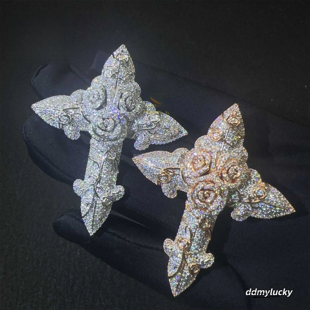 In Stock Fashion Man Jewelry Gold Color Hip Hop S Vvs1 Moissanite Dia Rose Flower Cross Pendant Necklace Set Ddmylucky
