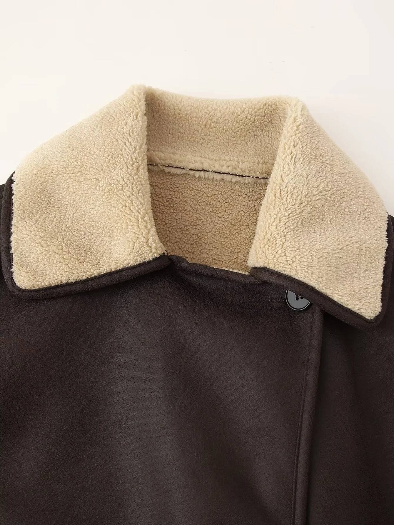 Fleece Fur Leather Jacket Coat Lapel Single Breasted Pocket Double-Sided Jackets Autumn Winter New Thickened Warm Women Overcoat dongdumaoyi