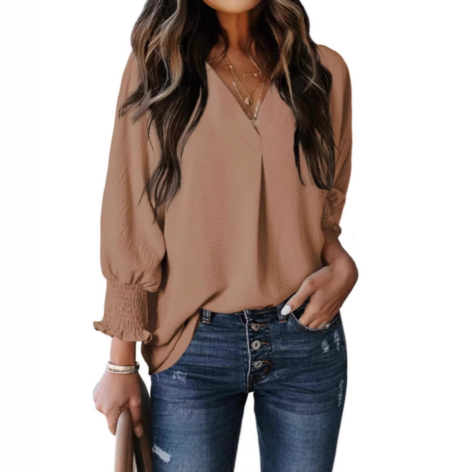 2025 Autumn Winter New Women's V-neck Casual Long Sleeve Loose Shirt Top Blouse T-shirt