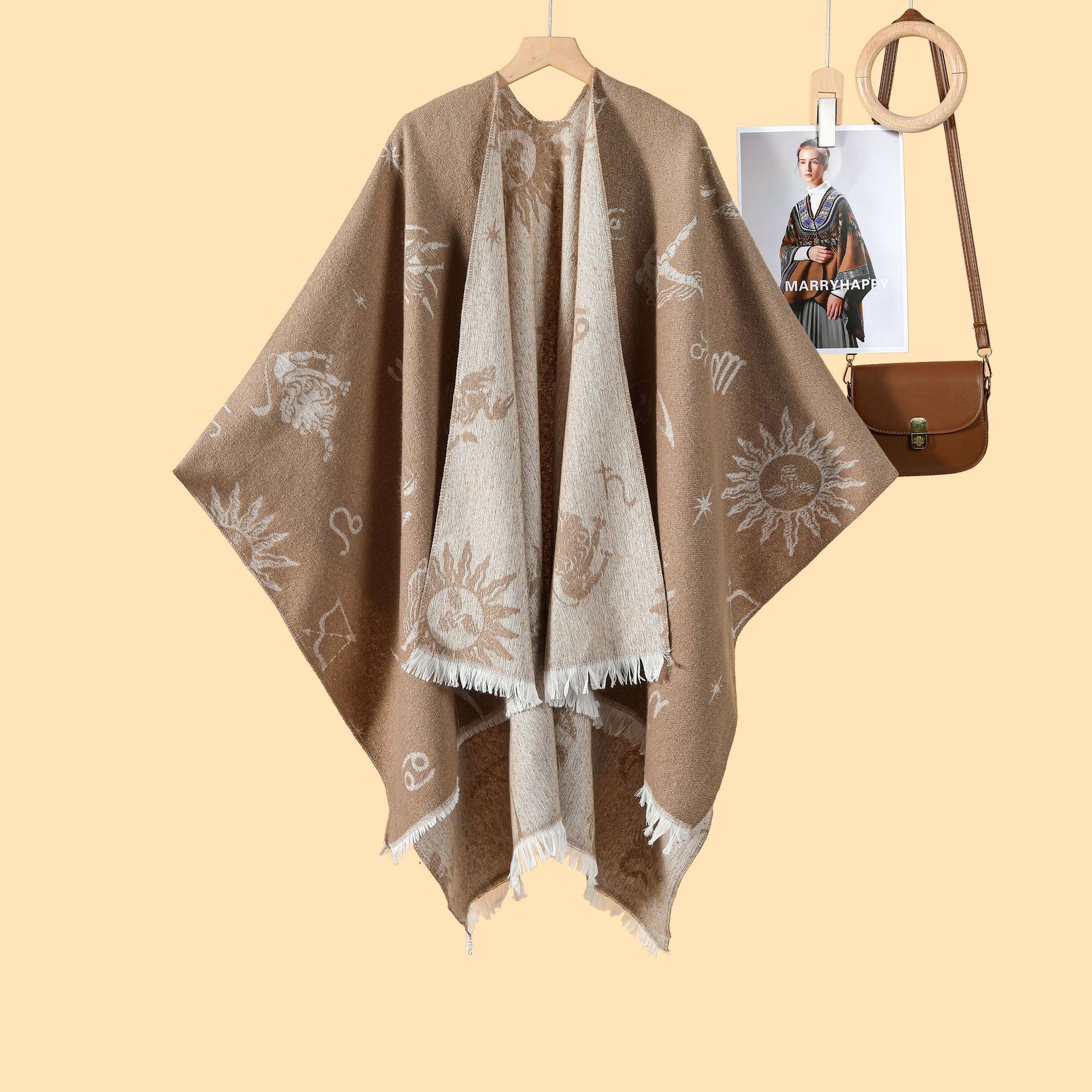 New Style Pastoral Style Womens DoubleSided Loose Beaded Jacquard Warm Split Outer Cape Cloak