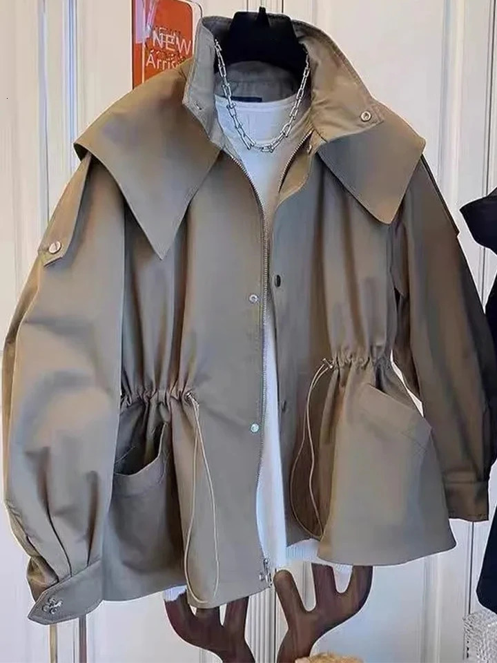 Autumn Trench Coat Women Vintage Hooded Jackets Female Elegant Fashion Drawstring Trench Ladies Casual Loose Zipper Cropped Coat 251013