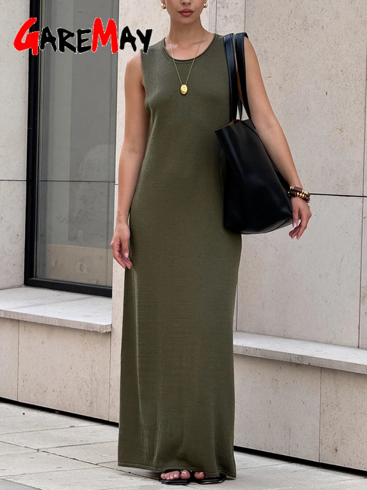 Noodle Womens Summer Knitted Dress Sleeveless Soild Long Elegant Brown Dress O Neck Casual Vintage Midi Ribbed Knit Dress 251023