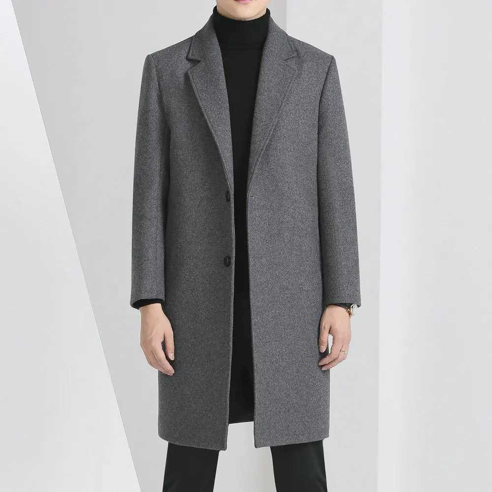 Winter Autumn Mens Timeless Woolen Overcoat Grey Navy Black Burgundy Notched Collar Design Cashmere Coat Plus Size MenswearT251025