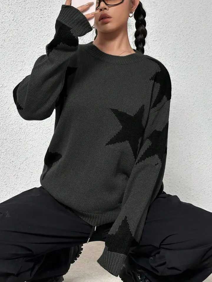 Womens round neck contrasting star jacquard loose casual woolen pullover topT251025