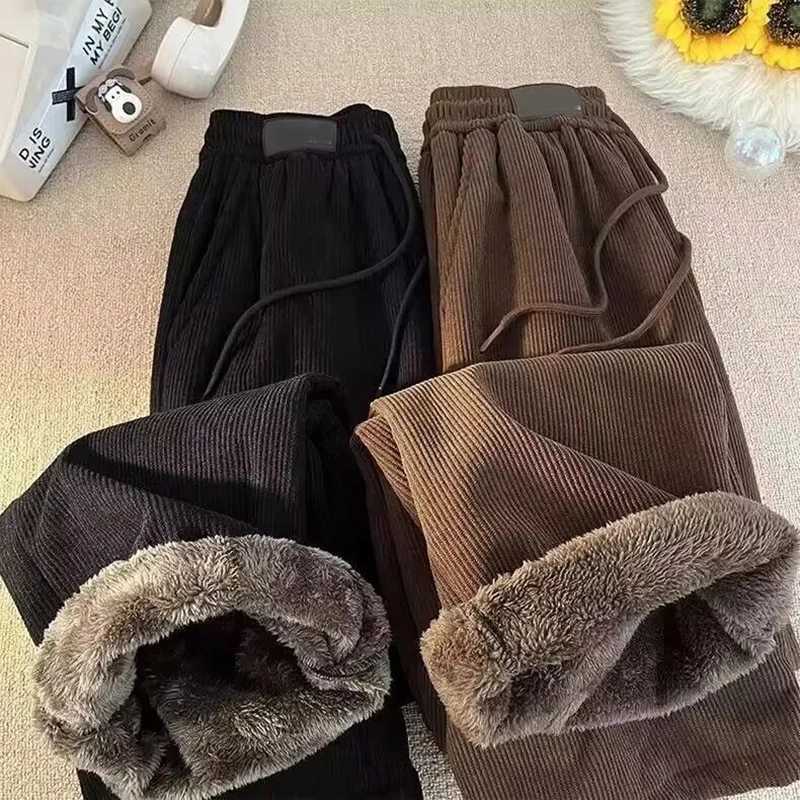 Wide Leg Corduroy Pants Women Winter Plush Thick Faux Woolen Drawstring Trouser American Vintage Loose Casual Warm SweatpantsT251025
