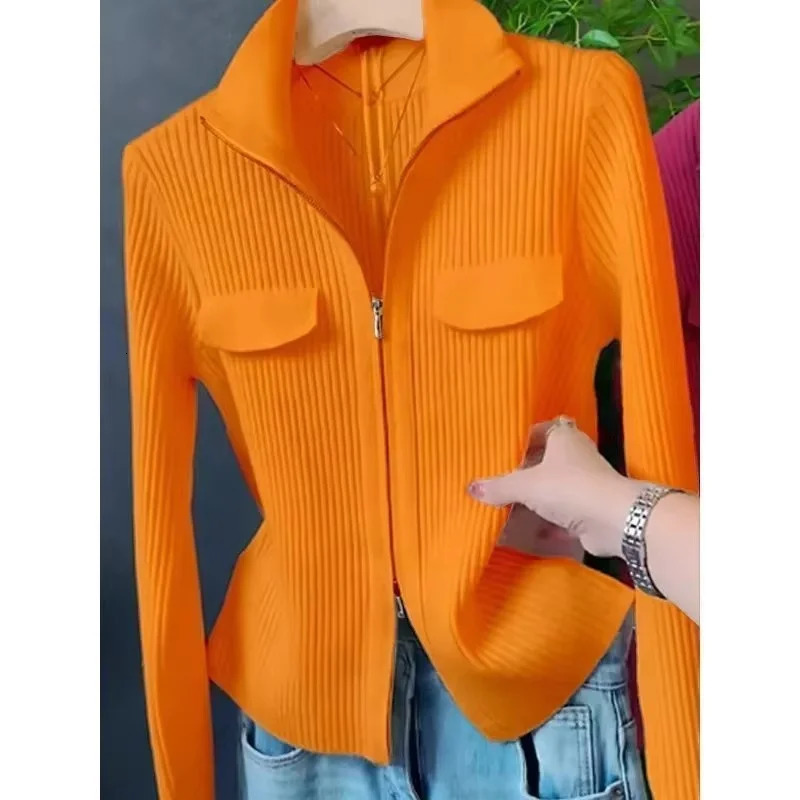 Spring Autumn Women Knitted Sweater Cardigan Short Jacket 2025 Korean Fashion Zipper Solid TurnDown Knit Coat Female Tops 251013