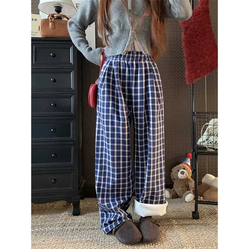 MEXZT Fleece Plaid Wide Leg Pants Women Harajuku Streetwear Baggy Pants Winter Vintage Korean Casual All Match Straight TrousersT251025