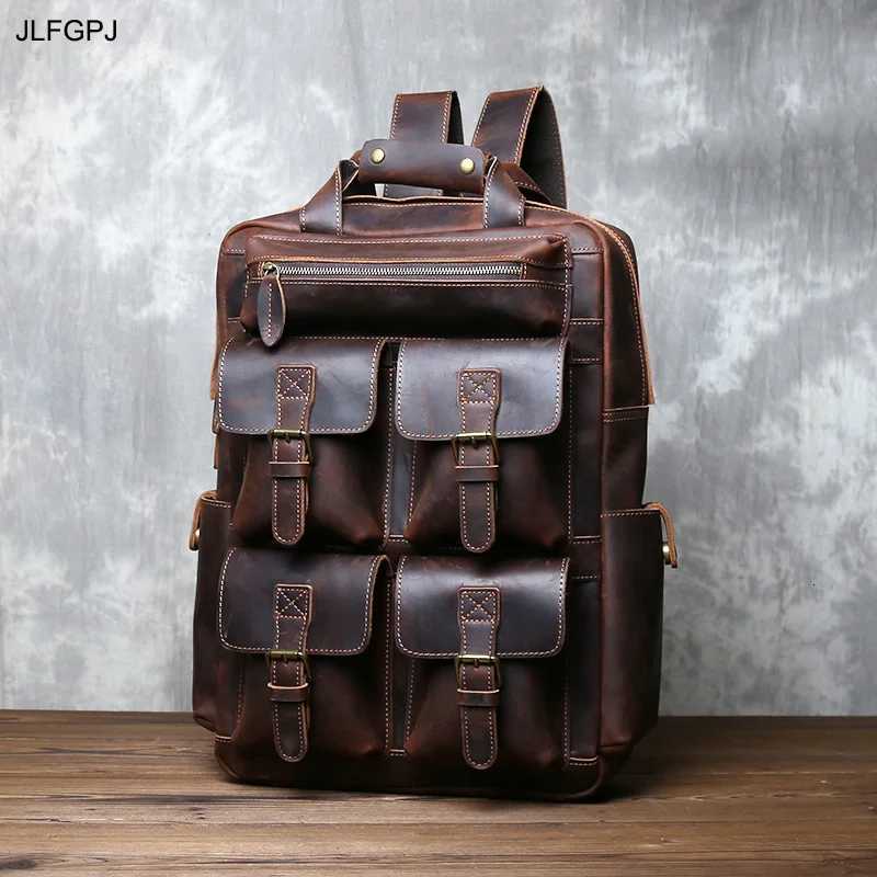 Retro Fashion Genuine Leather Mens Backpack Head Layer Leather Large Capacity Multi Pocket Outdoor Minimalist Computer Bag W251025