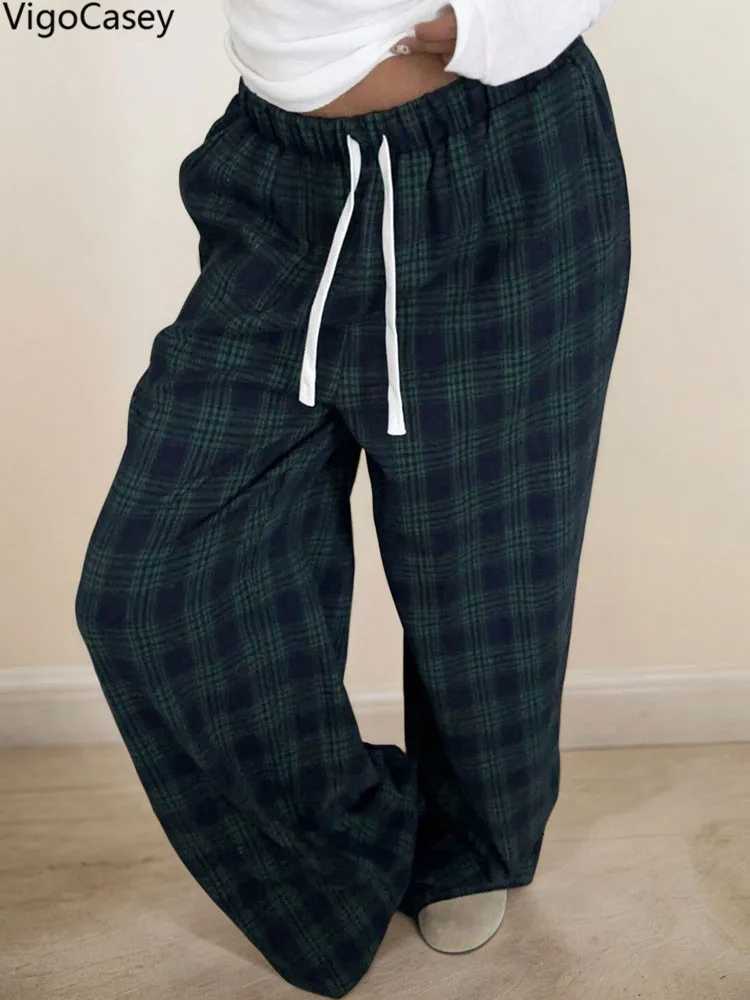 VigoCasey 2025 Women Plaid Print Pants Casual High Waist Wide Leg Pants Lady Green Baggy Pants Ladies Autumn Winter TrousersT251025