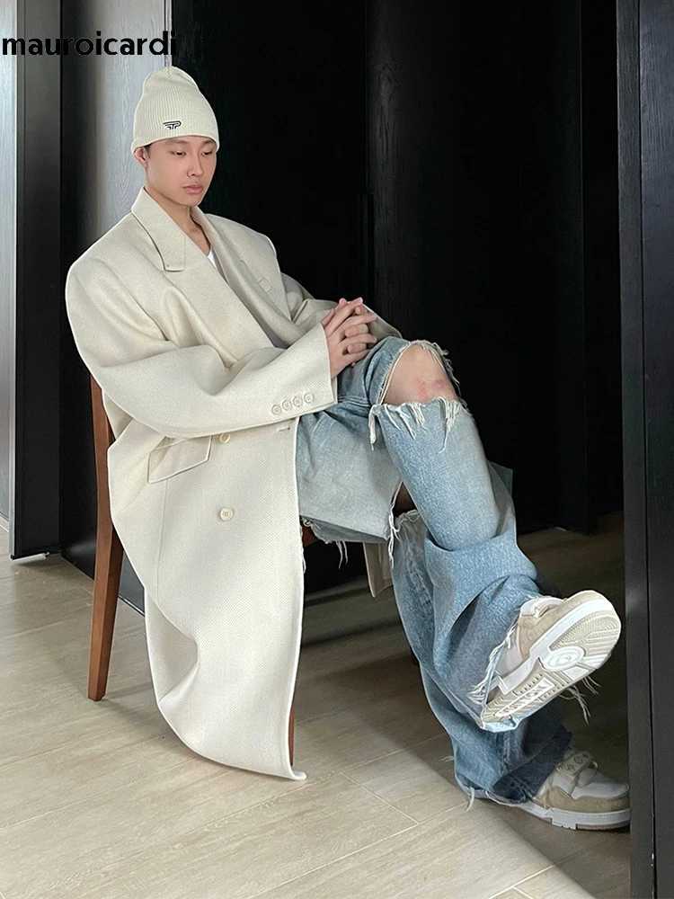 Mauroicardi Autumn Winter Long Beige Oversized Thick Warm Soft Wool Blends Coat Men Double Breasted Loose Korean Fashion 2023T251025