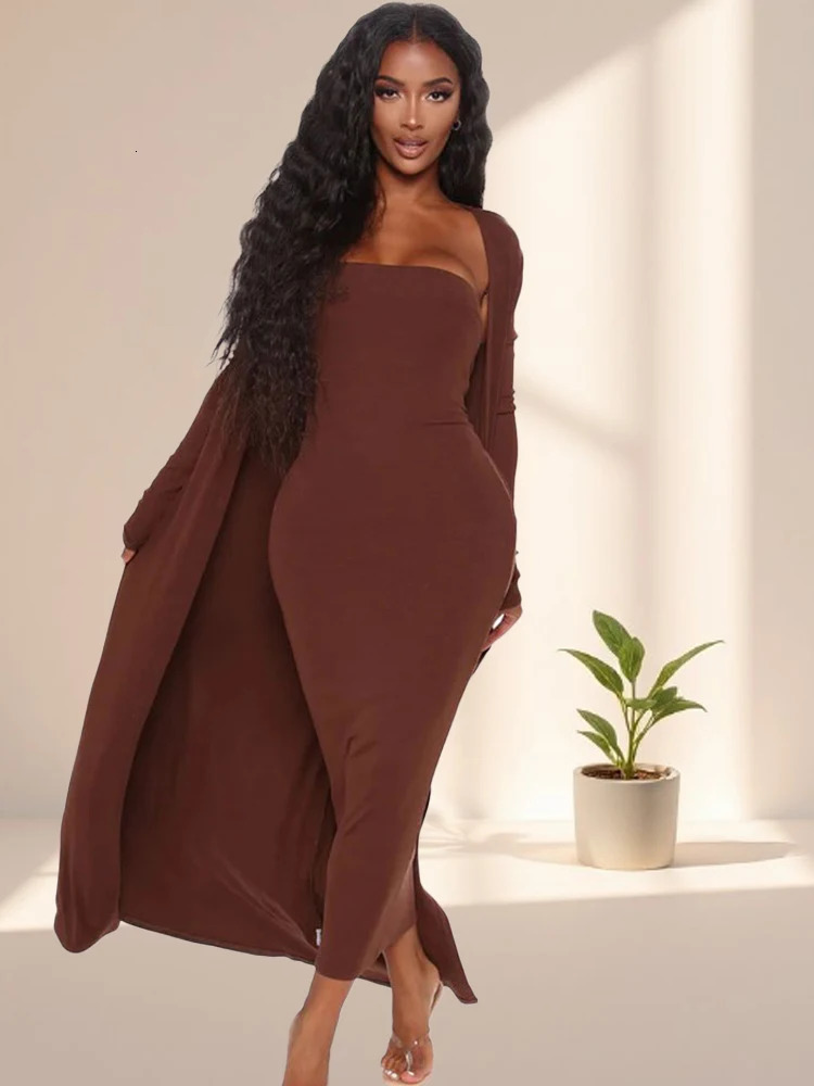 Solid Sexy TubeTop Slim Dress Long Cardigan 2Piece Set Elegant Party Dresses Sleeve Coat Woman Wedding Guest Suit 251016