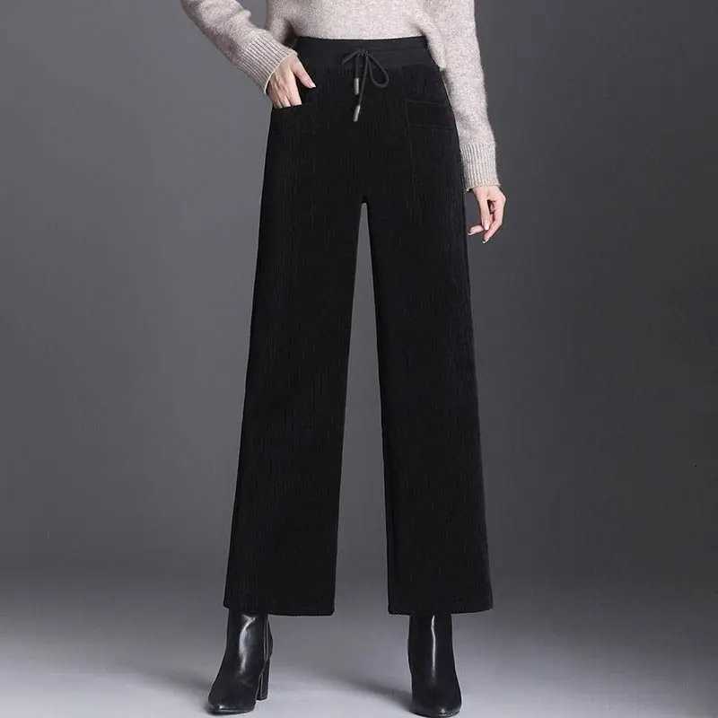 Fashion Autumn Winter Pants New Women Pockets Elastic High Waist Drawstring Plus Velvet Straight Wide Leg Ankle Length TrousersT251025