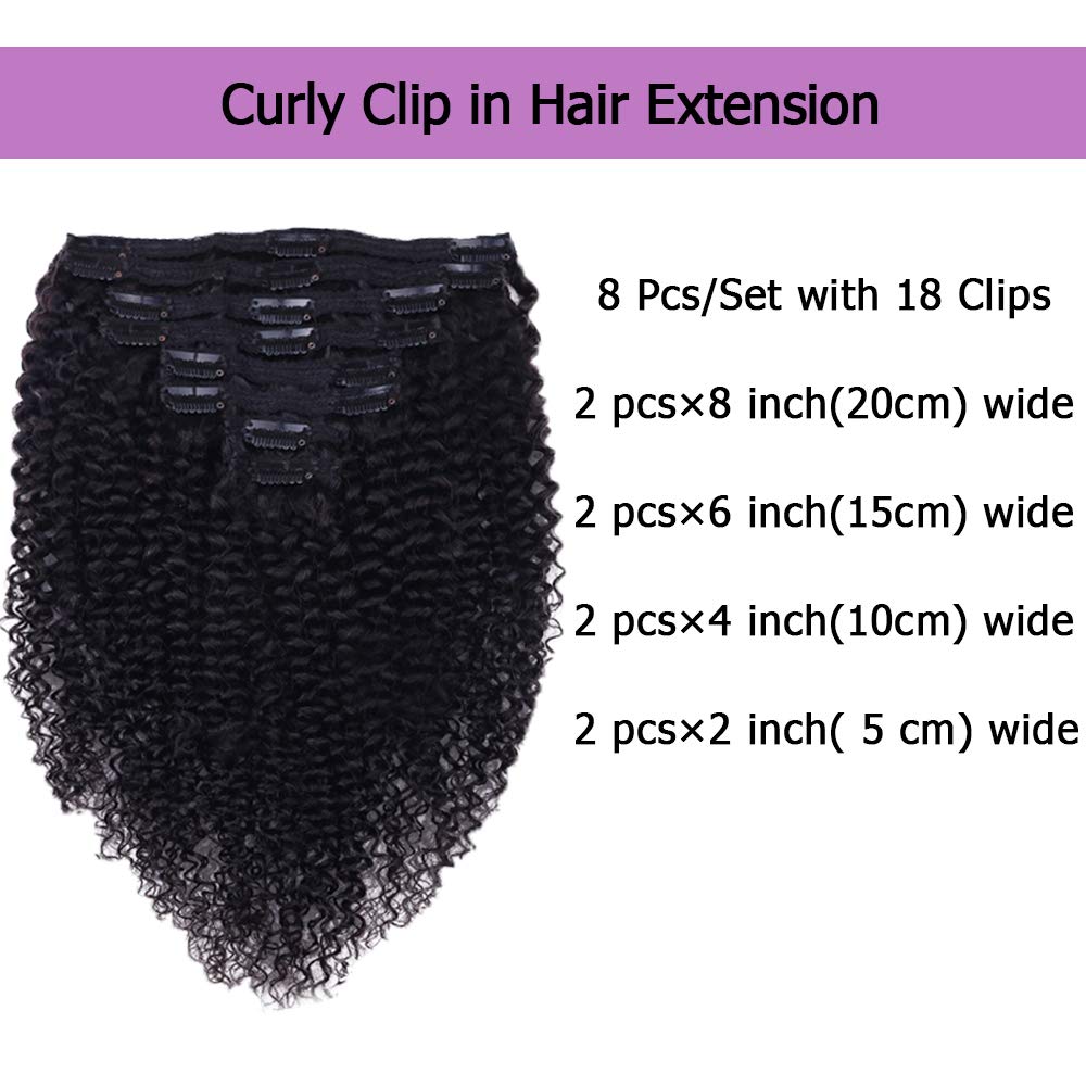Brazilian Remy Human Hair Clip Ins 4C Afro Curly 8Pcs 18 Clips Full Head Set for Black Women 8-24 Inch Natural Colo