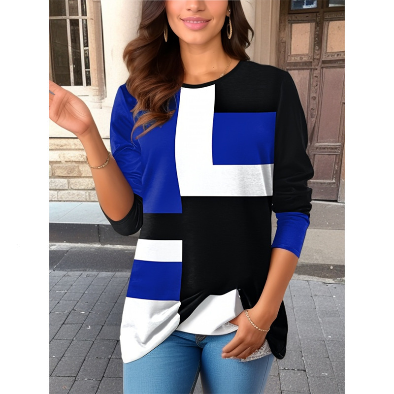 Women's Clothing New Geometric Color Block Long Sleeve T-Shirt