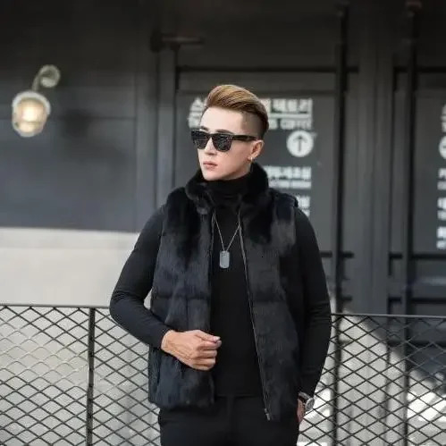 Men Autumn Winter Genuine Rabbit Fur Vest Male Solid Color Warm Waistcoat Men Real Fur Stand Collar Vest Jackets V02 251020