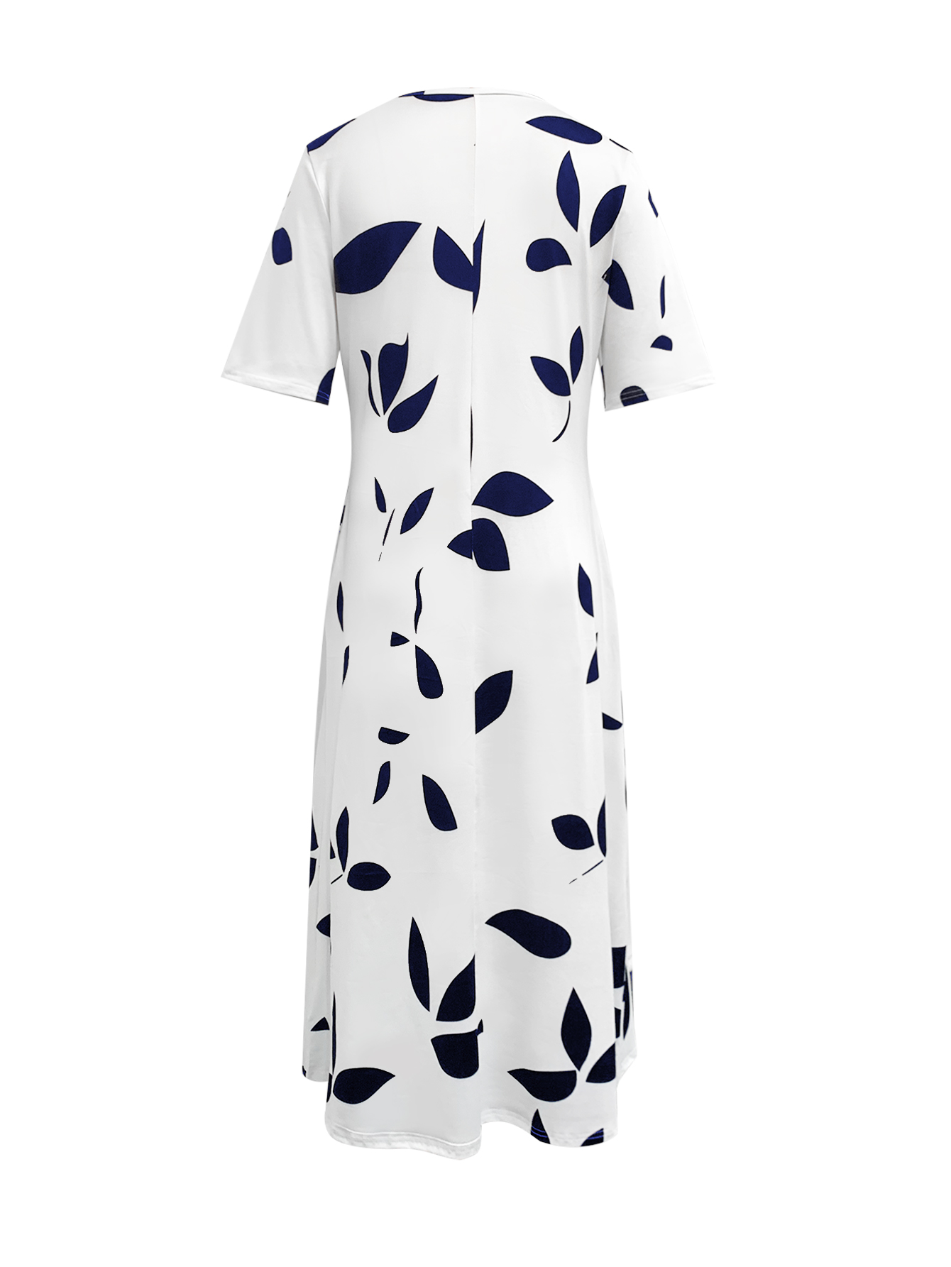 Spring Summer New Women's Fashion Vacation Style Plant Leaf Printed V-Neck Midi Dress, Milk Silk White Dress, S-XXL---CF52919