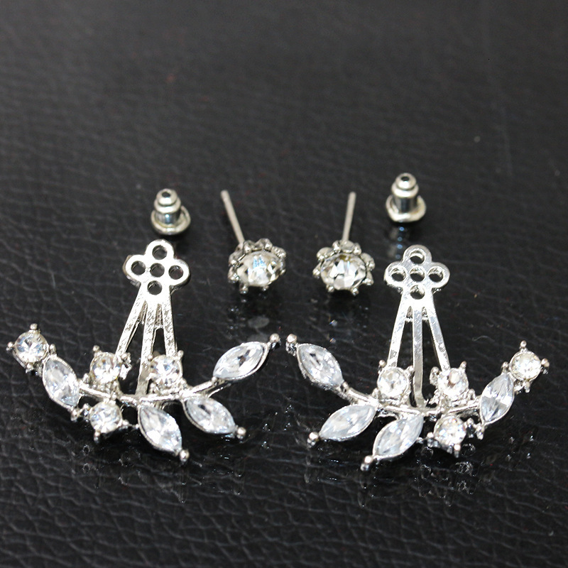 Korean fashion Women's Accessories Crystal Leaf with Inlaid Dias Branch Hanging Zircon Earrings