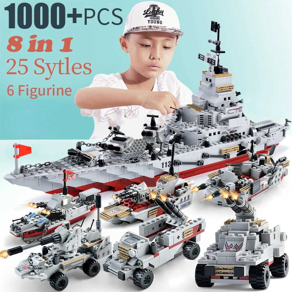 1000Pcs Navy War Chariot Ship Army Boat Plane Model Warships Building Blocks City Children Toys for Boy C251023
