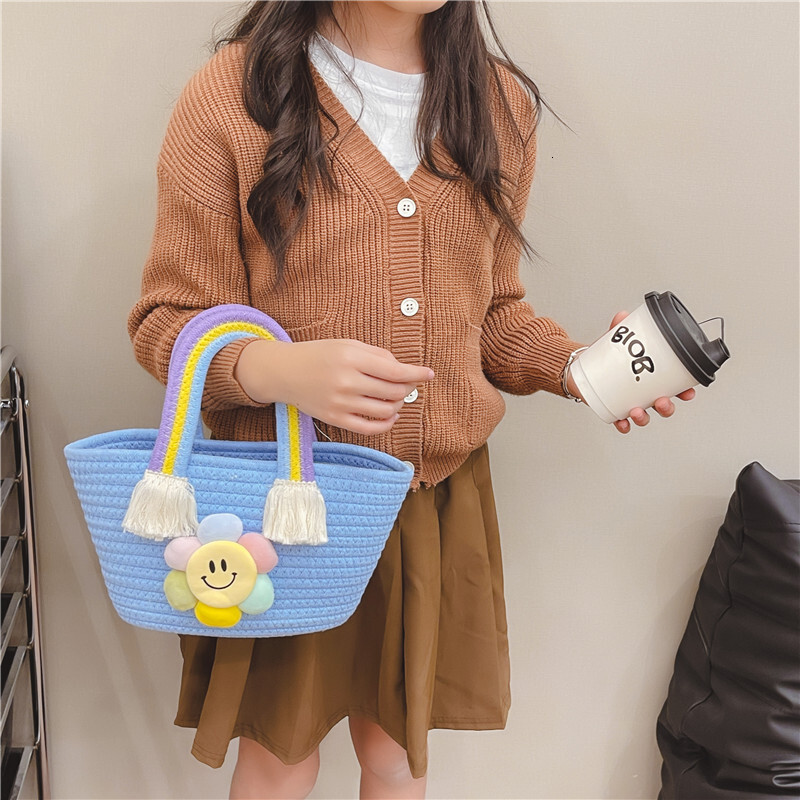 New children's handbag, cotton rope woven girl's bag, gift basket, children's shoulder bag, cartoon sunflower designer rainbow bag