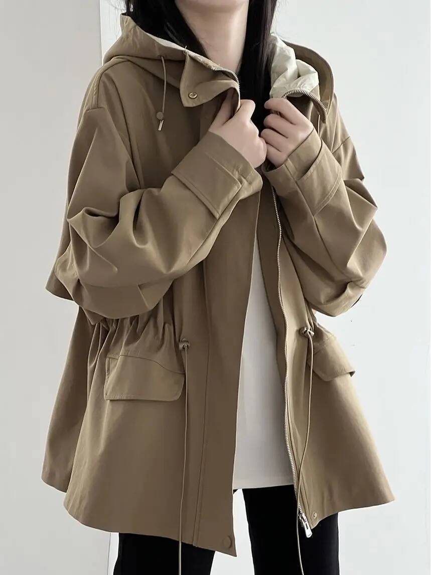 Cotton Khaki Hooded Trench Women's Autumn And Winter New Short Coat Retro Casual Loose Top dongdumaoyi