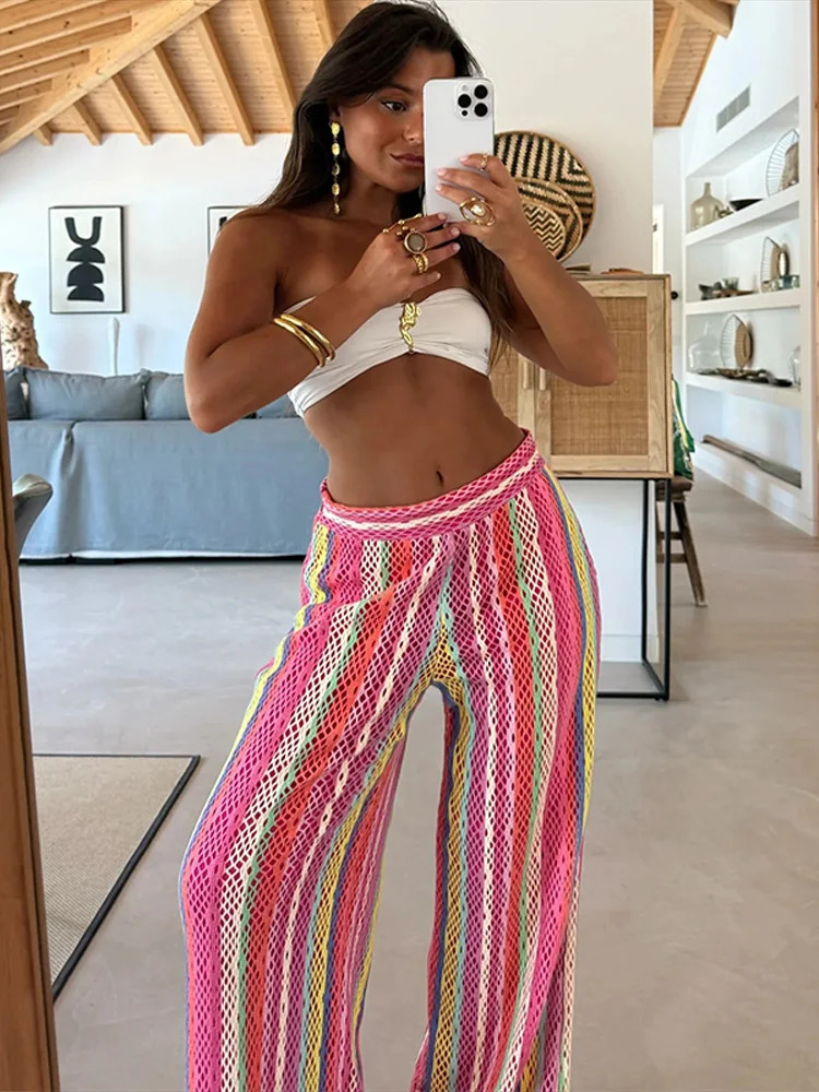 Rainbow Color Knitted Striped Pants Women Wide Leg Hollow Out Striped Loose Fashion Vacation Trousers Autumn Street Pants 251024