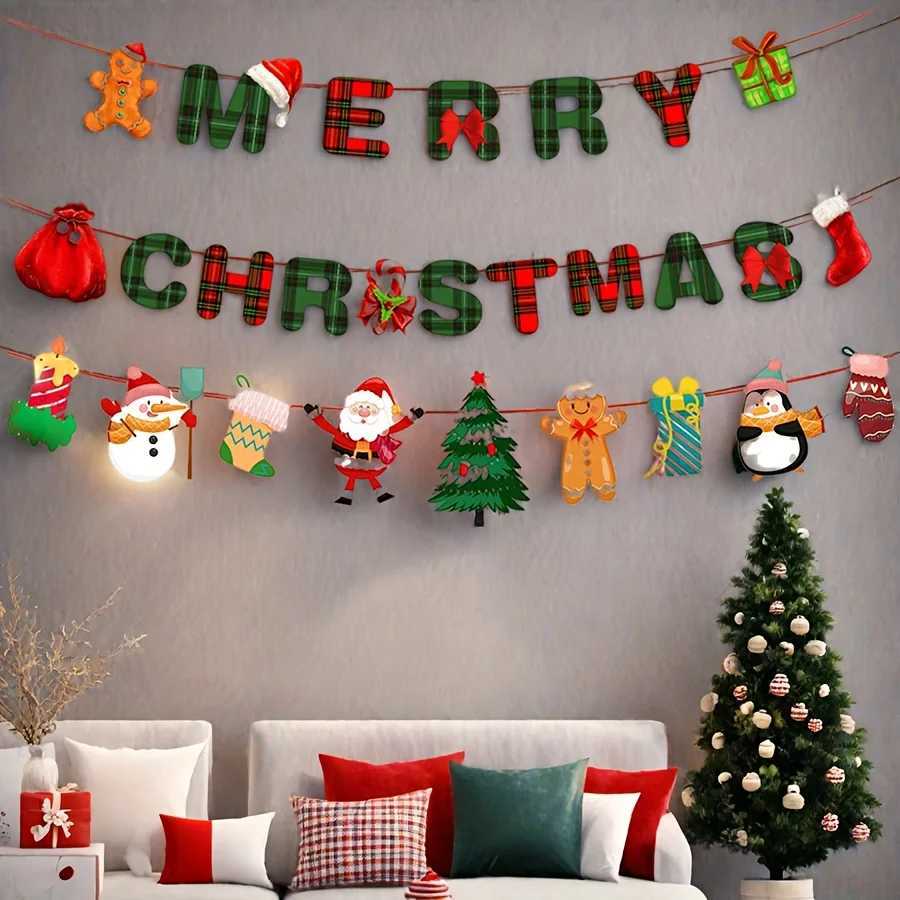 1set Merry Christmas Banners Decoration Santa Claus Snowman Paper Hanging Banner Red Green Xmax Pendant Christmas Decorations C251024