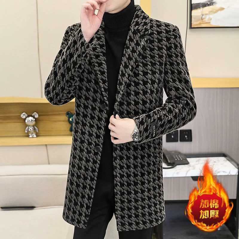 2022 Winter Long Wool Blends Jacket Men Fashion Plaid Casual Business Trench Coat Thicken Warm Slim Social Overcoat Men ClothingT251025