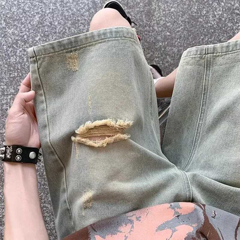 Summer Distressed Ripped Jorts Mens Drawstring Retro Fashion Denim Shorts Hombre Y2K Streetwear Baggy Short Jeans Blue BermudaXJ251025