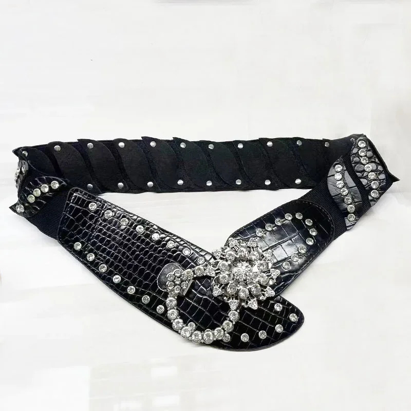 Women Sexy Rhinestone Belts Bling Vintage Flower Punk Metal Buckle Y2K Wide Waistband PU Leather Belt for Skirt Accessories 251024