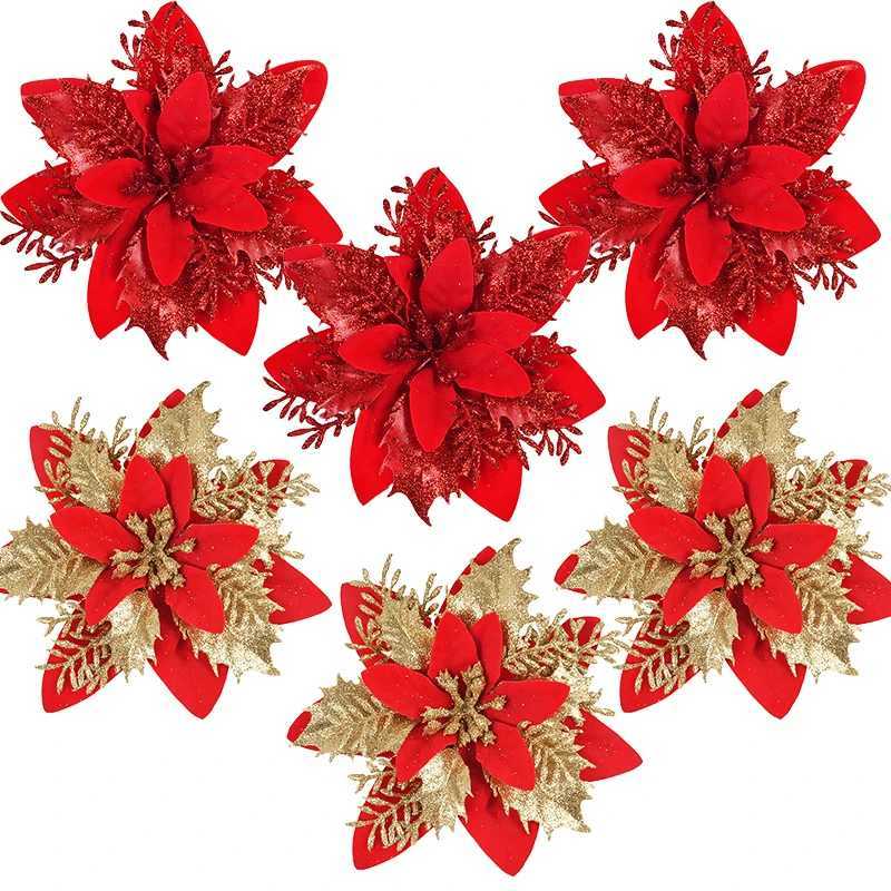 3Pcs 14cm Christmas Flowers Glitter Artificial Red Gold Flower Head Berry DIY Xmas Tree Ornament Decorations for Home New Year C251024