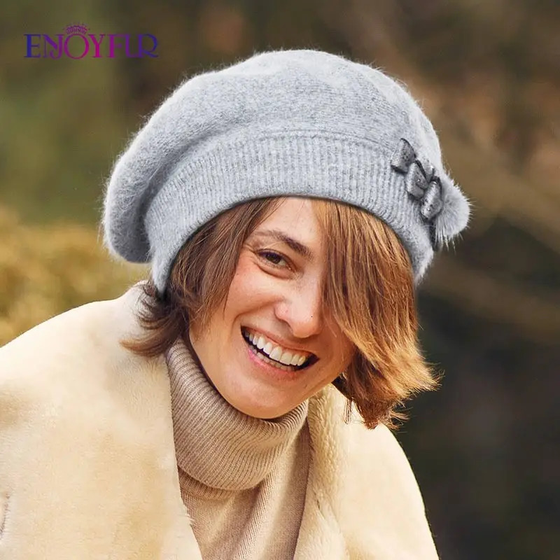 ENJOYFUR Cashmere Beret Hat Female Rabbit Knitted Winter Hats Caps Lady MiddleAged Cap Fashion BowKnot Ball Gorro Warm Hat 251023