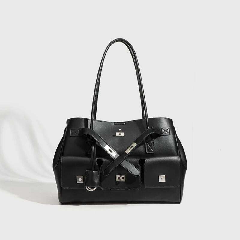 New PU Leather Black Motorcycle Style Tote Bag Women's Large Capacity Crossbody Purse For Commuters Underarm Shoulder Handbag 251025