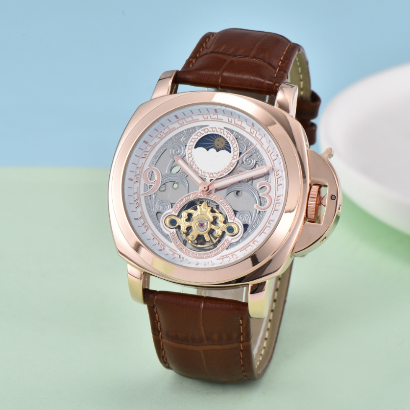 Men'swomen luxury PANERAIity luna wristwatch Automatic mechanical movement date high quality stainless steel Moon phase watch leather strap wristwatch #125