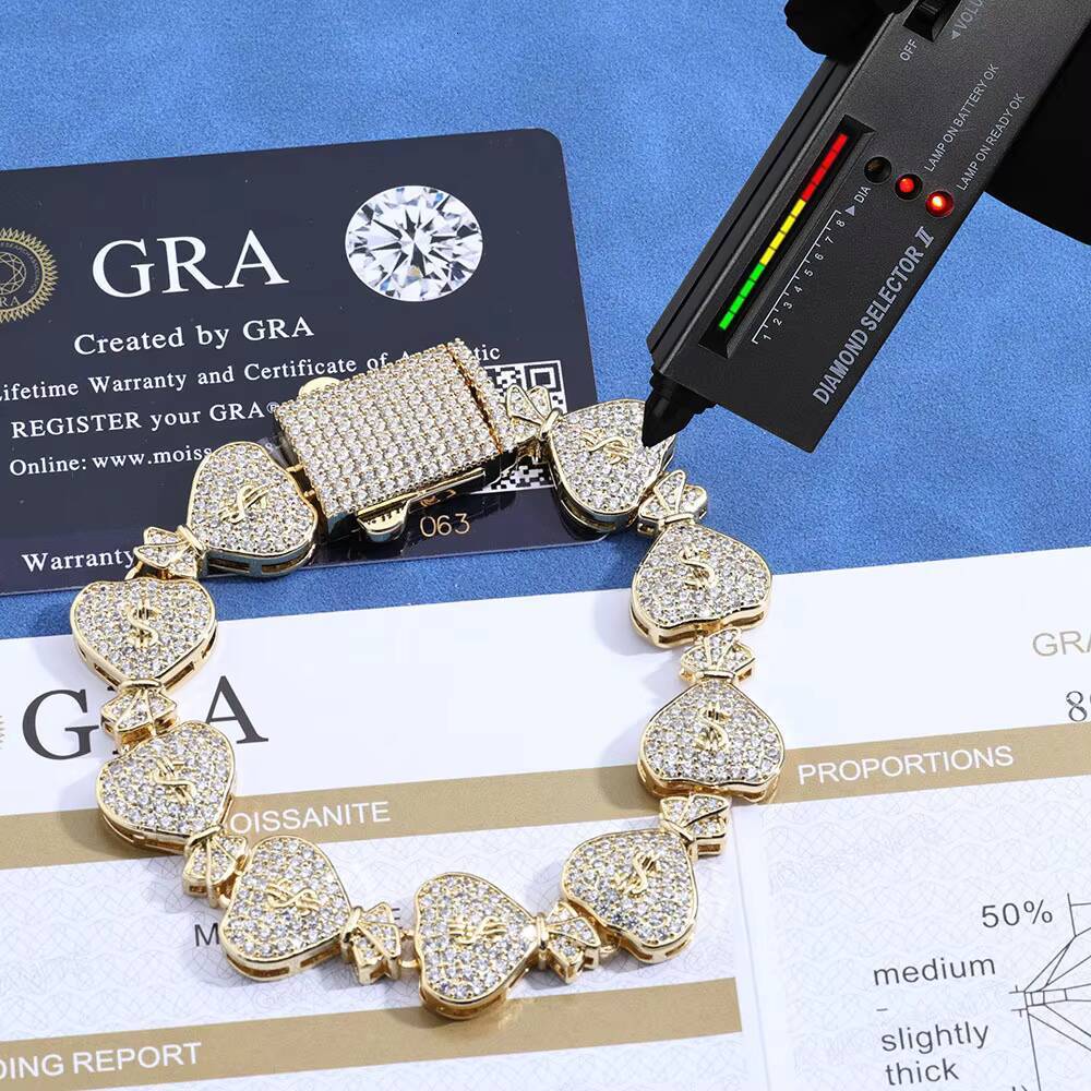 15mm High End S925 Silver Moissanite Mens Bracelet CrossBorder HipHop Money Bag Cuban Chain Butterfly Shape