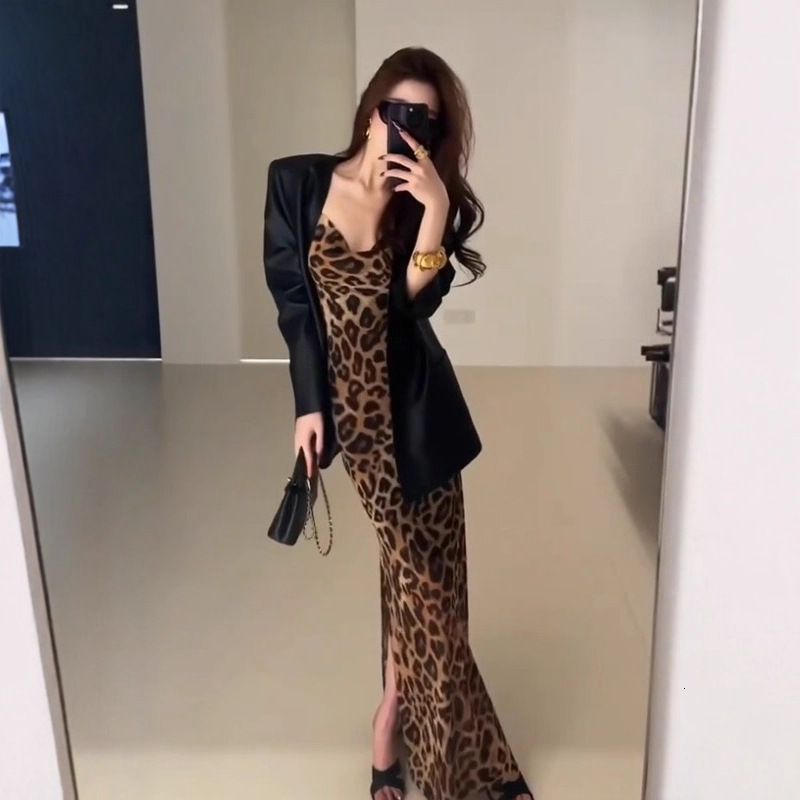 Autumn 2025 Elegant sisters Suit Design Black Casual Jacket High end Leopard Tank Top Dress Women's Fashion
